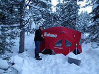 John posing in front of our snow camping tent